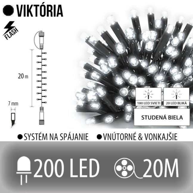 Viktória led svetelná reťaz vonkajšia flash - 200led - 20m studená biela/ flash prebliknutie studená biela