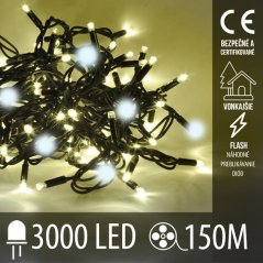 Svetelná reťaz vonkajšia 150 m, 3000 LED, teplá biela, flash studená biela