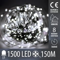 Svetelná mikro reťaz vonkajšia 150 m, 1500 LED, studená biela, 8 programov