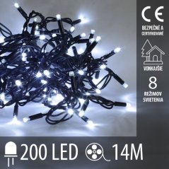 Svetelná reťaz vonkajšia 14 m, 200 LED, studená biela, svetelné programy