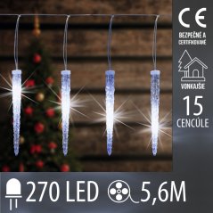 Vianočná led svetelná reťaz vonkajšia - 15 cencúle - 270led - 5,6m studená biela