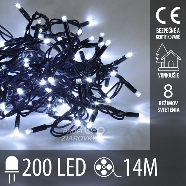 Svetelná reťaz vonkajšia 14 m, 200 LED, studená biela, svetelné programy