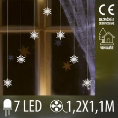 Vianočná led svetelná záclona vonkajšia - záves - vločky - 7 led - 1,2m - teplá biela