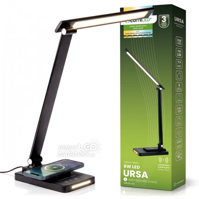 Lampa stolová LED dotyková s nabíjačkou indukčnou CCT Usb C URSA 6W 350lm čierna Lumiled