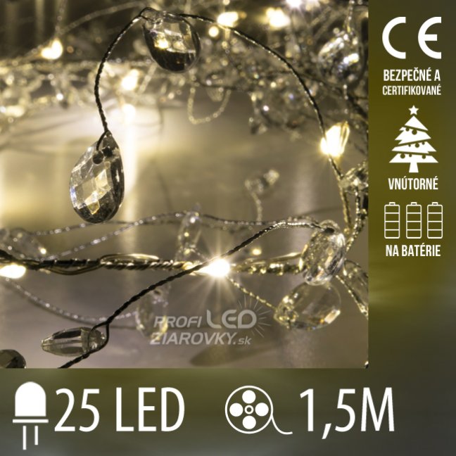 Svetelná mikro reťaz vnútorná na batérie 1,5 m, 25 LED, teplá biela