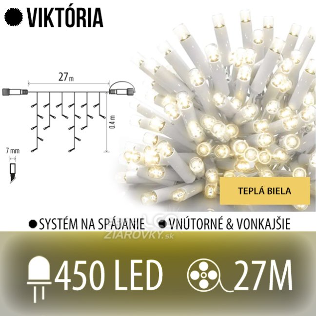 Svetelný záves vonkajší 27 m, 450 LED, teplá biela, biely kábel – Viktória