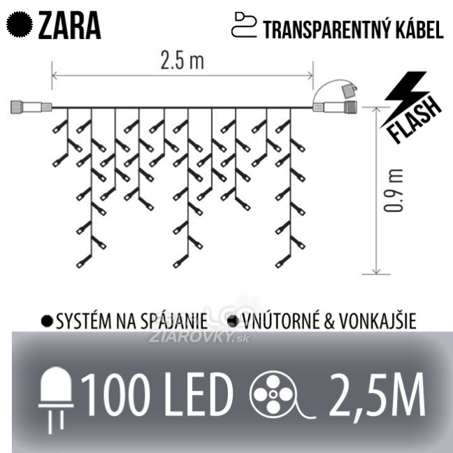 Svetelný záves vonkajší 2,5 m, 100 LED, studená biela, flash – Zara