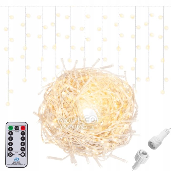 Svetelný záves vonkajší 20 m, 500 LED, teplá biela, na spájanie, časovač, 8 programov