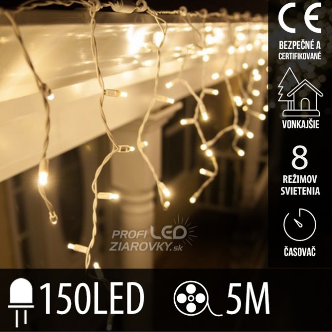 Svetelný záves vonkajší 5 m, 150 LED, teplá biela, 8 programov