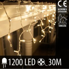 Svetelný záves vonkajší 30 m, 1200 LED, teplá biela, biely kábel – sada 3 ks