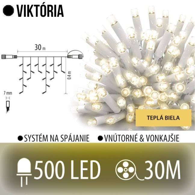 Viktória led svetelná záclona vonkajšia - 500led - 30m teplá biela - biely kábel