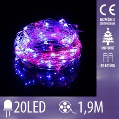 Vianočná led svetelná mikro reťaz na batérie - 20led - 1,9m ružová + modrá