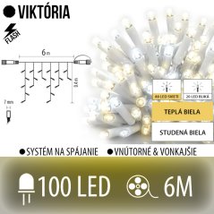 Viktória led svetelná záclona vonkajšia flash - 100led - 6m teplá biela / flash prebliknutie studená biela - biely kábel