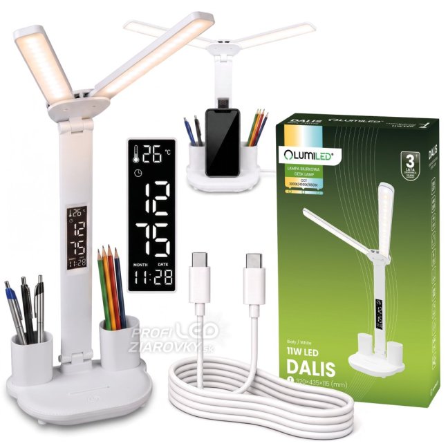 Lampa stolová LED dvojitá s displejom DALIS 11W 400lm biela LUMILED