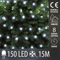 Vianočná led svetelná reťaz vonkajšia - DOT LED - 150 led - 15m - programy, časovač - studená biela