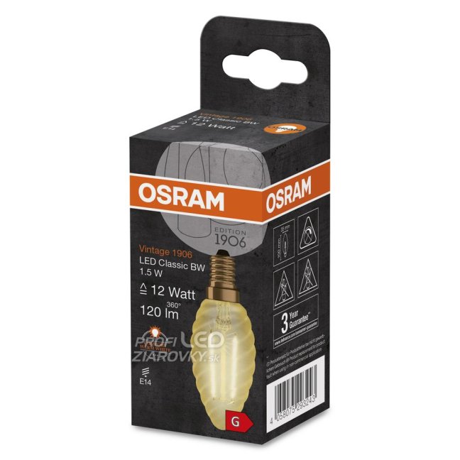 LED žiarovka E14 BW35 1,5W = 12W 120lm 2400K Warm 300° Filament OSRAM Vintage 1906