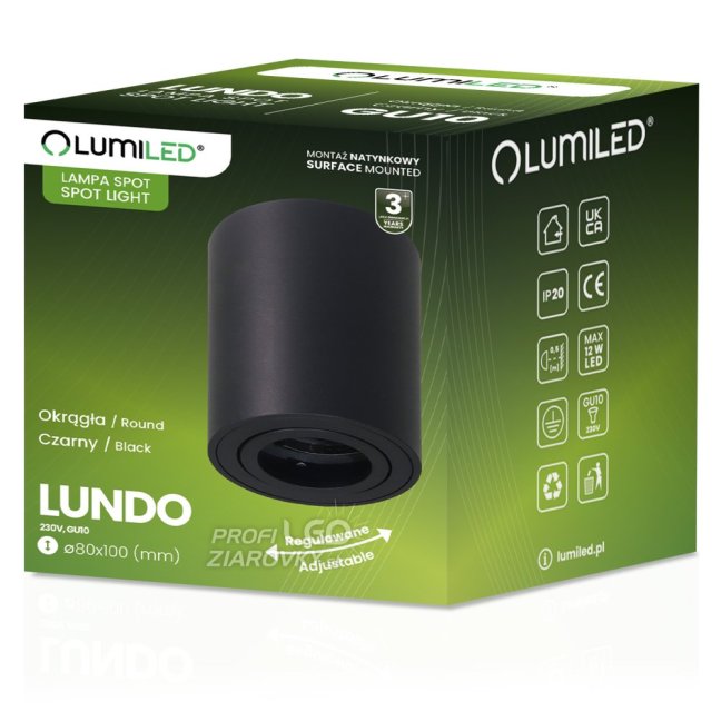 Nadomietkové halogénové bodové svietidlo tuba pohyblivé LUNDO GU10 LUMILED okrúhle čierne 80mm