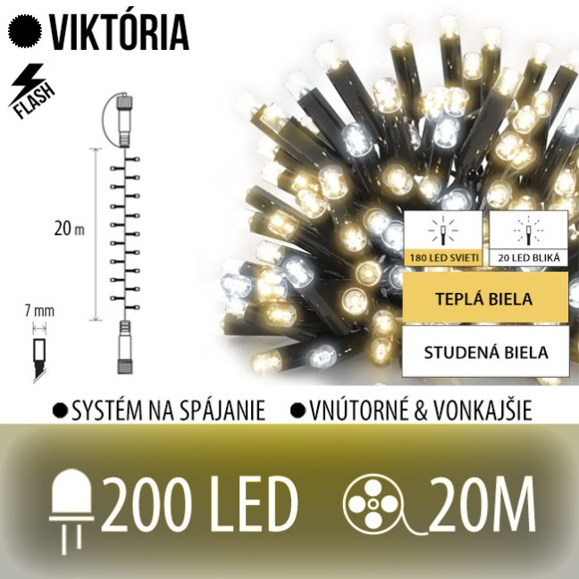 Viktória led svetelná reťaz vonkajšia flash - 200led - 20m teplá biela/ flash prebliknutie studená biela Viktória led svetelná reťaz vonkajšia flash - 200led - 20m teplá biela/ flash prebliknutie studená biela