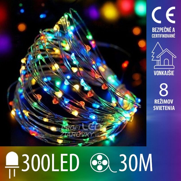 Svetelná mikro reťaz vonkajšia 30 m, 300 LED, farebná, svetelné programy, diaľkové ovládanie