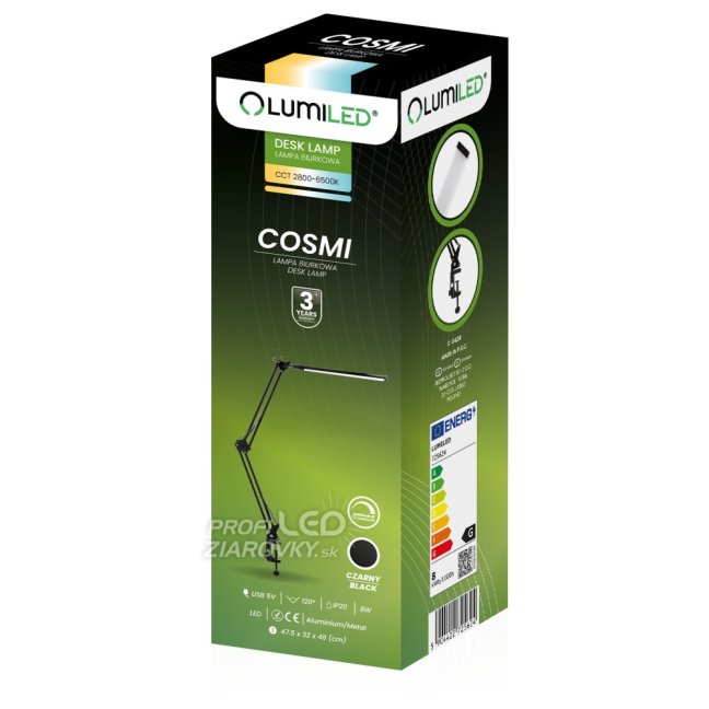 Stolová kresliarska LED lampa 8W CCT USB stmievateľná COSMI čierna Lumiled