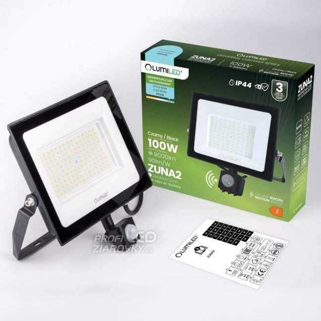 LED reflektor ZUNA2 100W 9000lm 6500K IP44 čierny so senzorom pohybu LUMILED
