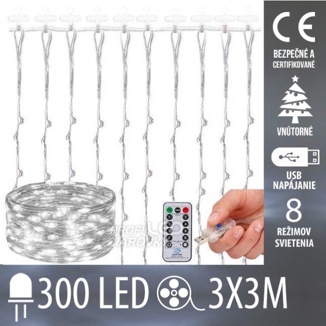 Svetelný záves vnútorný USB 3 × 3 m, 300 LED, studená biela, 8 programov