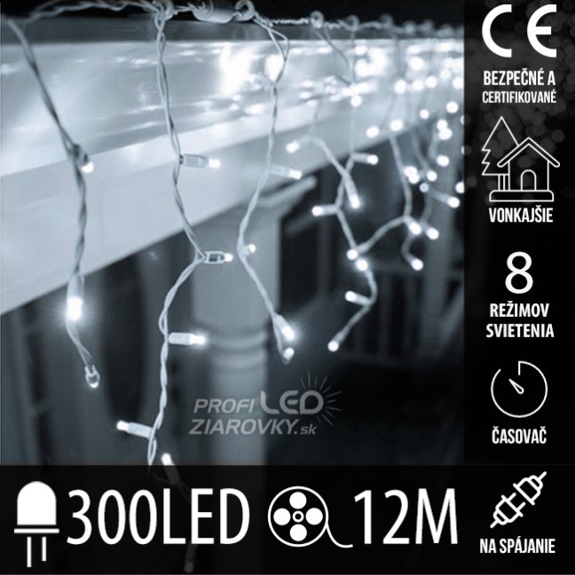 Svetelný záves s cencúľmi vonkajší 12 m, 300 LED, studená biela, 8 programov, časovač, ovládač, na spájanie