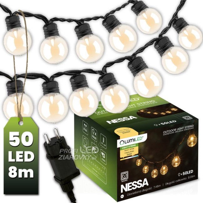 Záhradná vonkajšia svetelná reťaz Girland 8m 50x LED 3000K NESSA LUMILED