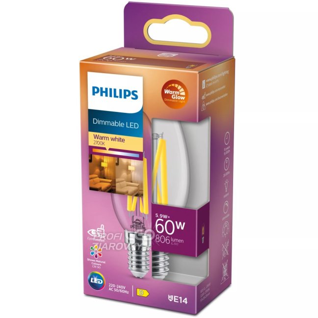 LED žiarovka E14 B35 5,9W = 60W 806lm 2700 Warm Filament PHILIPS Stmievateľná