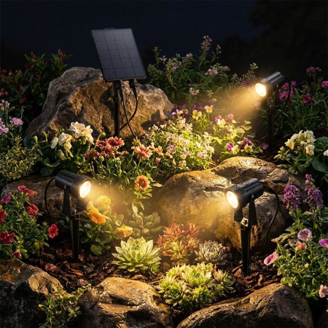 Solárna zapichovacia lampa záhradná 3x LED 3000K reflektor 11m + diaľkové ovládanie SOLTI LUMILED
