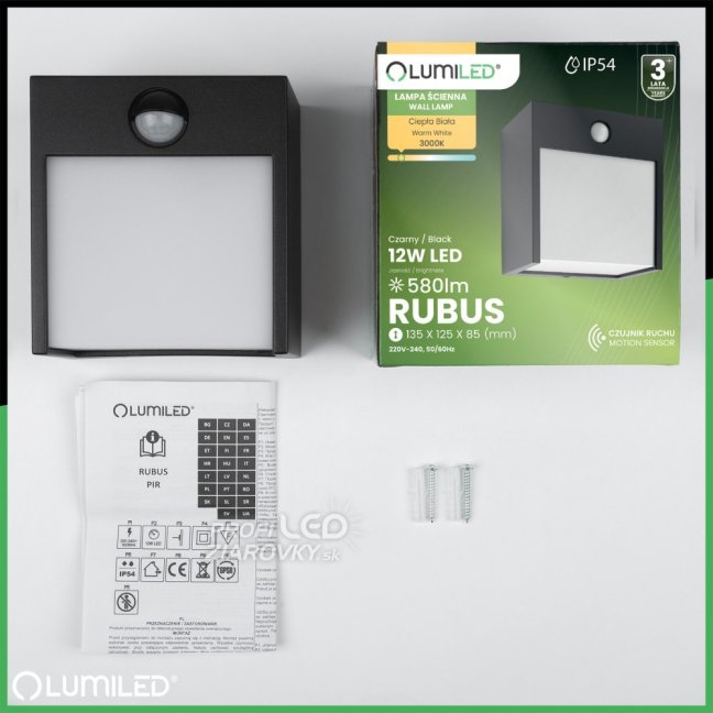 Záhradná nástenná lampa LED vonkajšie nástenné svietidlo s pohybovým senzorom PIR IP54 12W 3000K RUBUS LUMILED