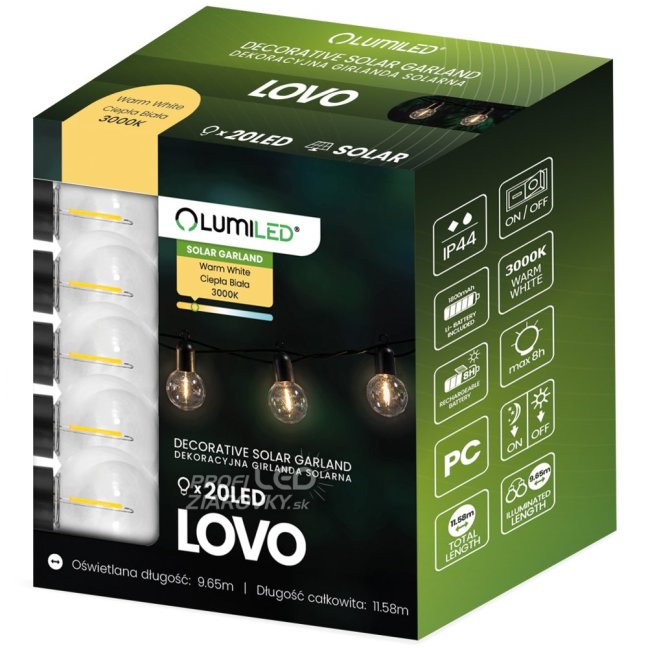 Solárna záhrada Girland 20x LED dekoratívne gule 11,58 m 3000K Warm LOVO LUMILED