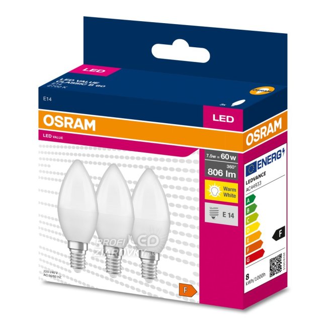 3PAK LED žiarovka E14 B35 7W = 60W 806lm 2700K Warm 200° OSRAM VALUE