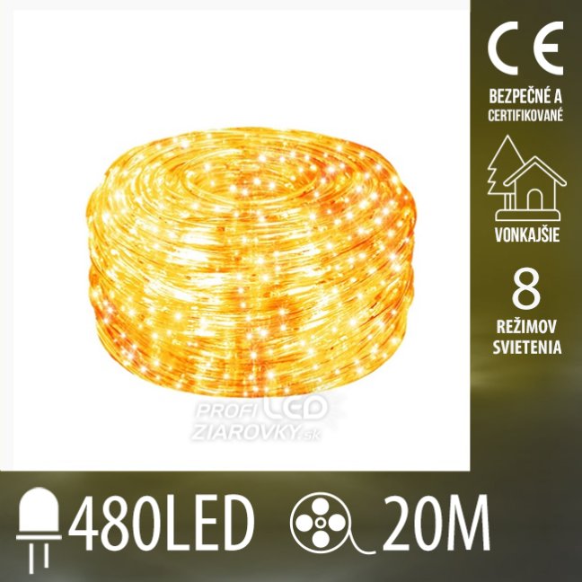 LED hadica vonkajšia 20 m, 480 LED, teplá biela, svetelné programy
