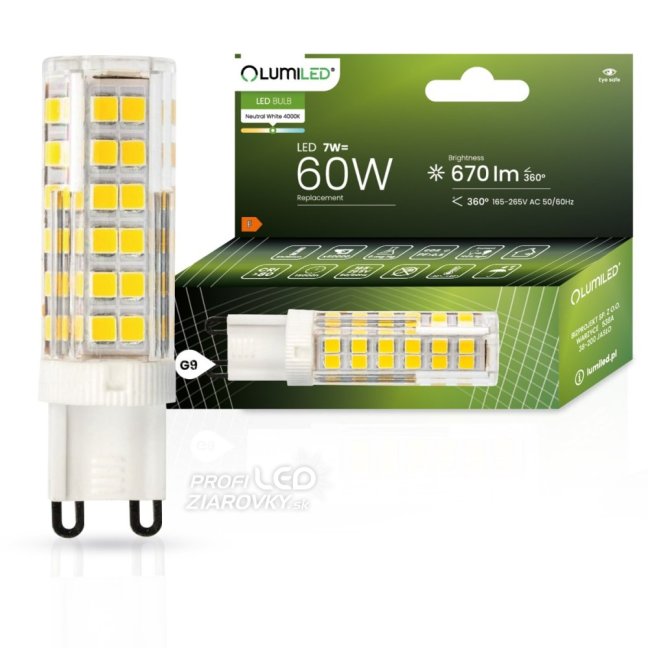 LED žiarovka G9 s päticou 7W = 60W 670lm 4000K Neutrálna 360° LUMILED