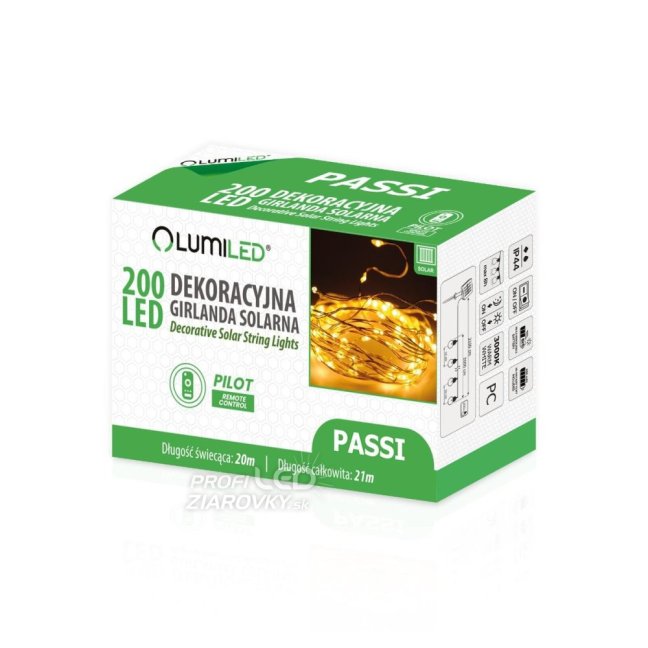 Solárna záhrada Girland 200x LED okrasná 21m teplá 3000K + Pilot PASSI LUMILED