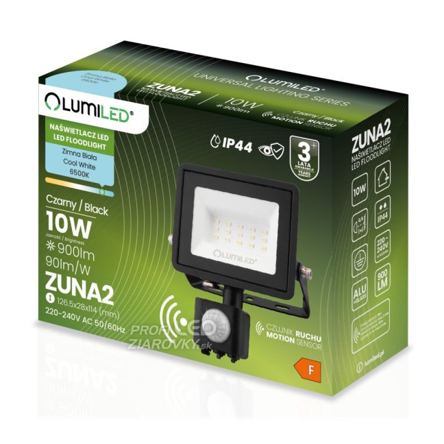 LED reflektor ZUNA2 10W 900lm 6500K IP44 Black Senzor pohybu LUMILED