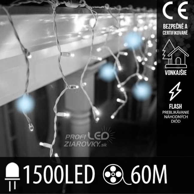 Svetelný záves s cencúľmi vonkajší 60 m, 1500 LED, studená biela, flash – sada 3 ks