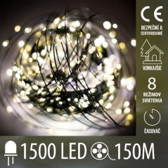 Svetelná mikro reťaz vonkajšia 150 m, 1500 LED, teplá biela, 8 programov, časovač, ovládač