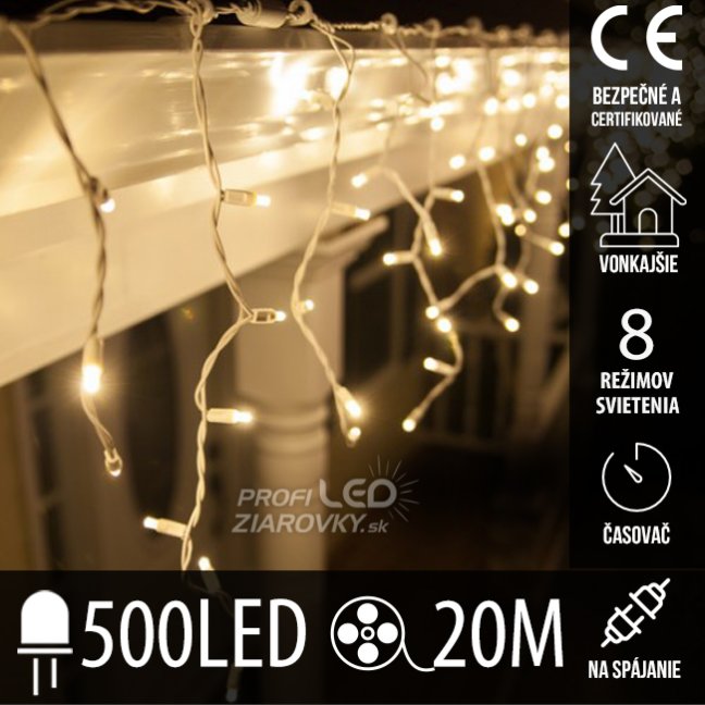 Svetelný záves vonkajší 20 m, 500 LED, teplá biela, na spájanie, časovač, 8 programov