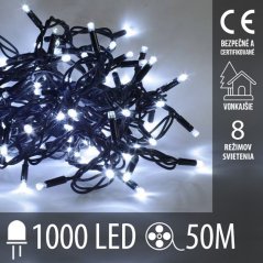 Svetelná reťaz vonkajšia 50 m, 1000 LED, studená biela, 8 programov