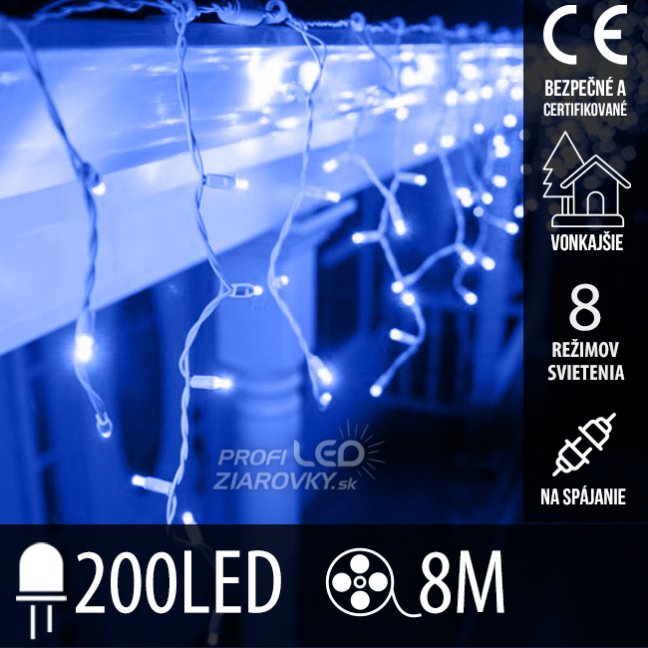 Svetelný záves vonkajší 8 m, 200 LED, modrá, 8 programov