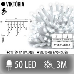 Viktória spojovateľná led svetelná záclona vonkajšia flash - 50led - 3m studená biela / flash prebliknutie studená biela - biely kábel