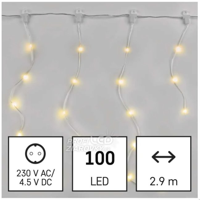 Svetelný záves s cencúľmi vonkajší aj vnútorný 2,9 m, 100 LED, teplá biela, svetelné programy