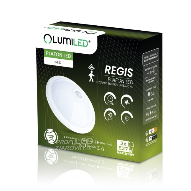 LED stropné svietidlo REGIS 2x E27 IP44 s pohybovým a súmrakovým senzorom biele okrúhle 30cm LUMILED