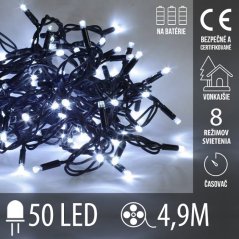 Svetelná reťaz vonkajšia na batérie 4,9 m, 50 LED, studená biela, 8 programov