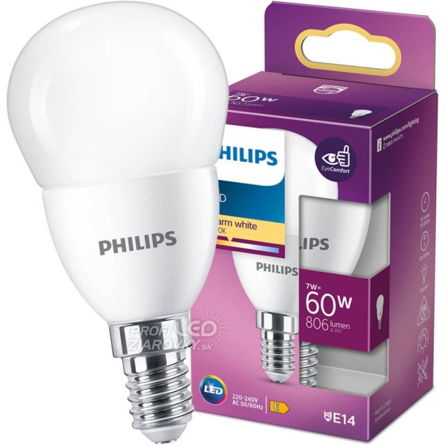 LED žiarovka E14 P48 7W = 60W 806lm 2700K Warm PHILIPS