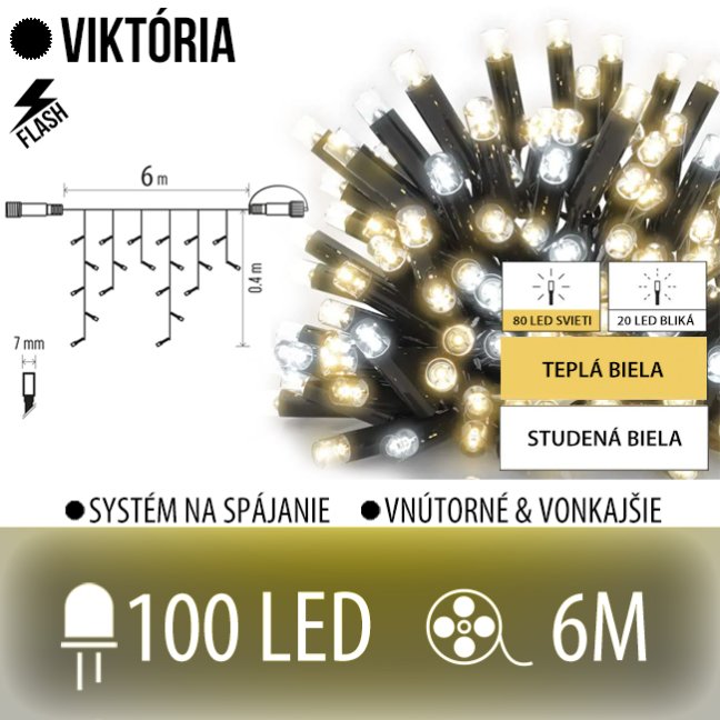 Viktória led svetelná záclona vonkajšia flash - 100led - 6m teplá biela / flash prebliknutie studená biela