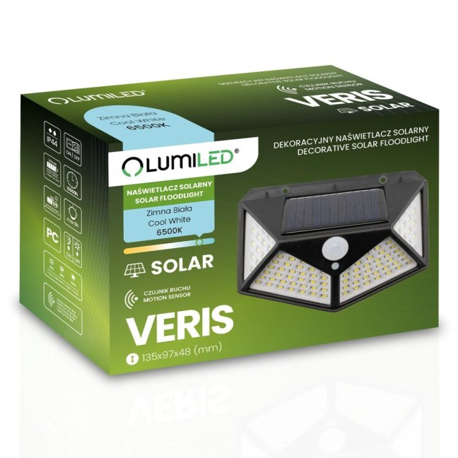 Solárne reflektory LED Halogénová záhradná lampa 6500K IP65 Senzor pohybu a súmraku VERIS LUMILED