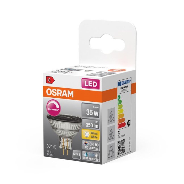 LED žiarovka GU5.3 MR16 5W = 35W 350lm 2700K Warm 36° CRI90 12V OSRAM SUPERSTAR+ Stmievateľná